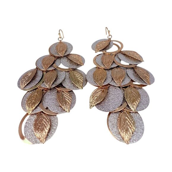 Gold & Silver-Tone Layered Leaf Dangle Earrings 4.5" Statement Chandelier Boho - Picture 6 of 10